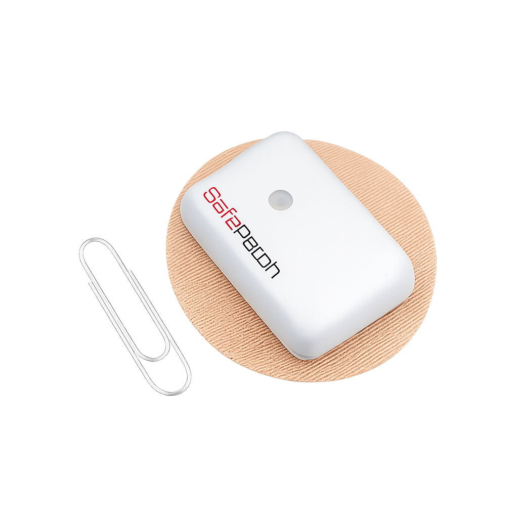 SafePatch device shown next to a paperclip for size comparison
